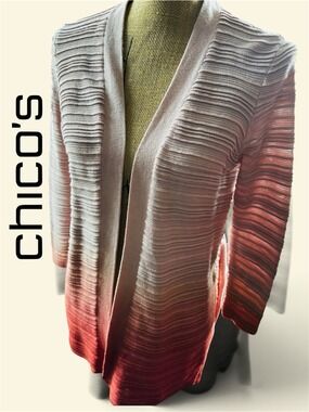 Chico's Pink to Red Ombre Open Ribbed Cardigan